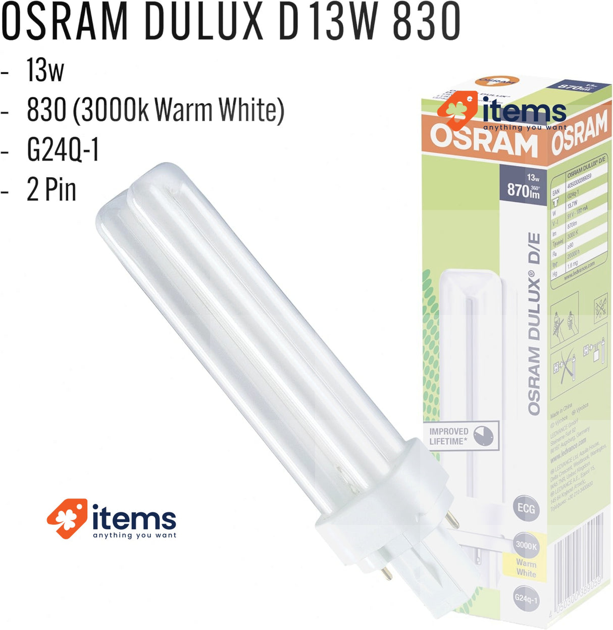 Osram G24d-1 Dulux D13w/870 - Compact Fluorescent Bulb, Cool White Light (13 W)