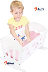 Bino 83699 White Dolls Wooden Crib Size approx 49x37x36 cm Pink Mattress Linens