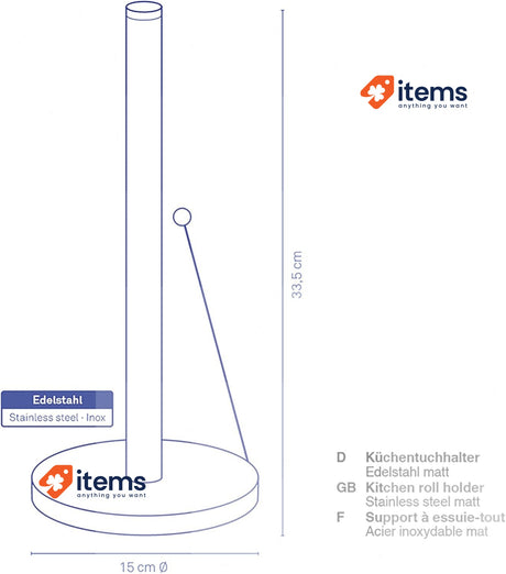 kela 16920 Kitchen Roll Holder 33.5 cm tall, Stainless steel Matte Roller blind