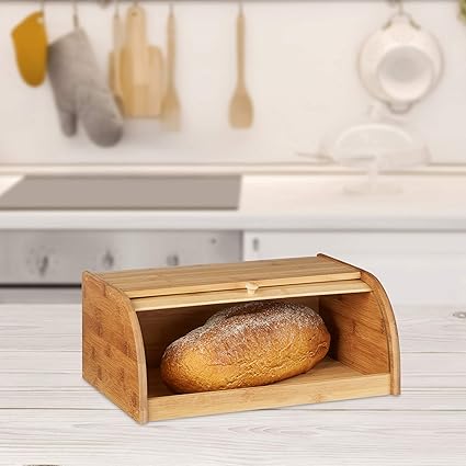 Relaxdays Bamboo Bread Bin, with Rolling Lid, 40 x 27.5 x 16.5 cm Natural Brown