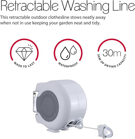 Metaltex 30 m Retractable Clothes Line, White, 30m