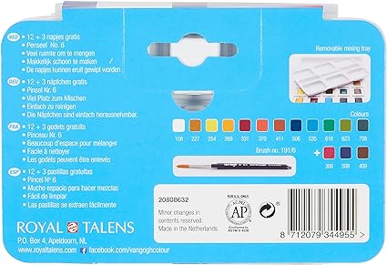 Van Gogh Watercolor Paint Set, Plastic Pocketbox, 12-Half Pan + 3-Half Pan