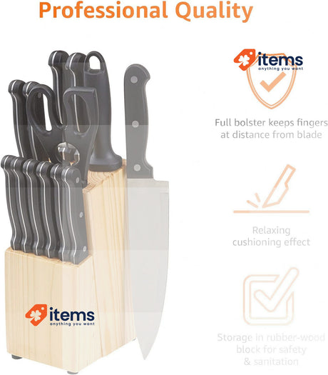 Amazon Basics Knife Set Black 14 Pieces 14-Piece Block <p>, Superior