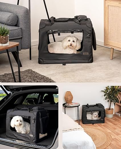 lionto Pet Carrier Foldable Dog Transport Box Car Crate Black