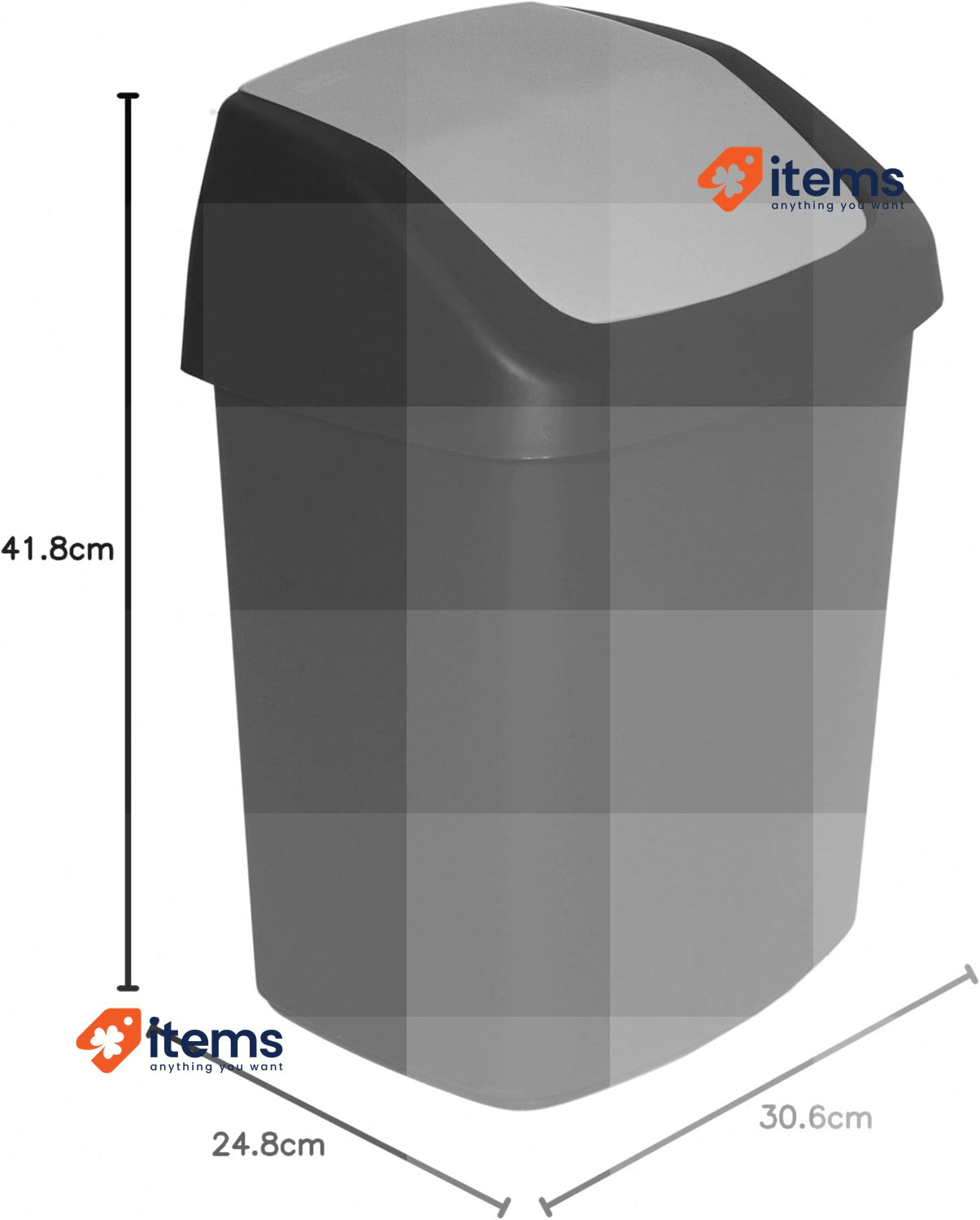 Curver Waste Bin with Swinging Lid, Black/Grey, 15 Litre 24.8x30.6x41.8cm