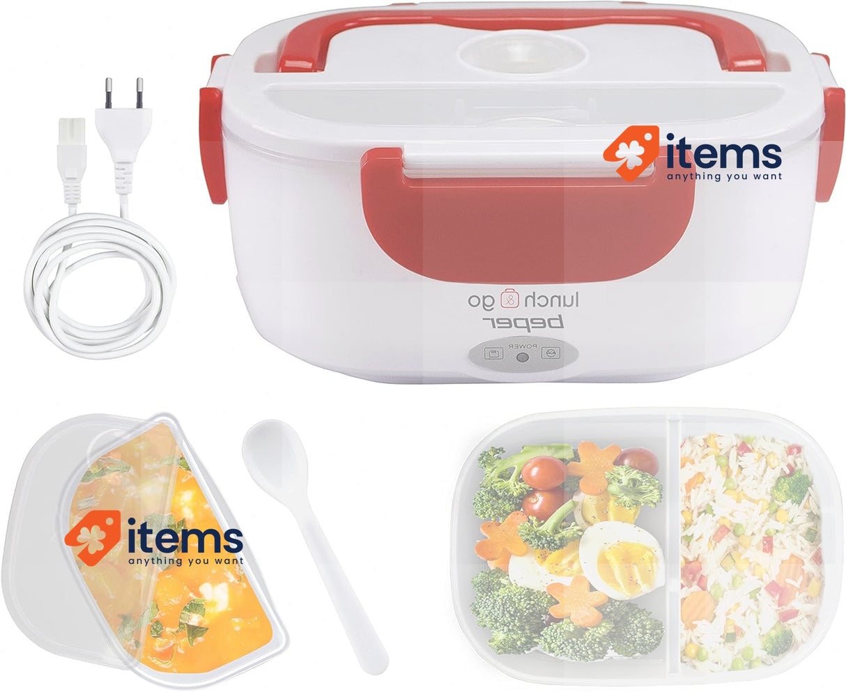 BEPER 90.920R Electric Portable Food Warmer - 2 Removable Containers, Lunchbox