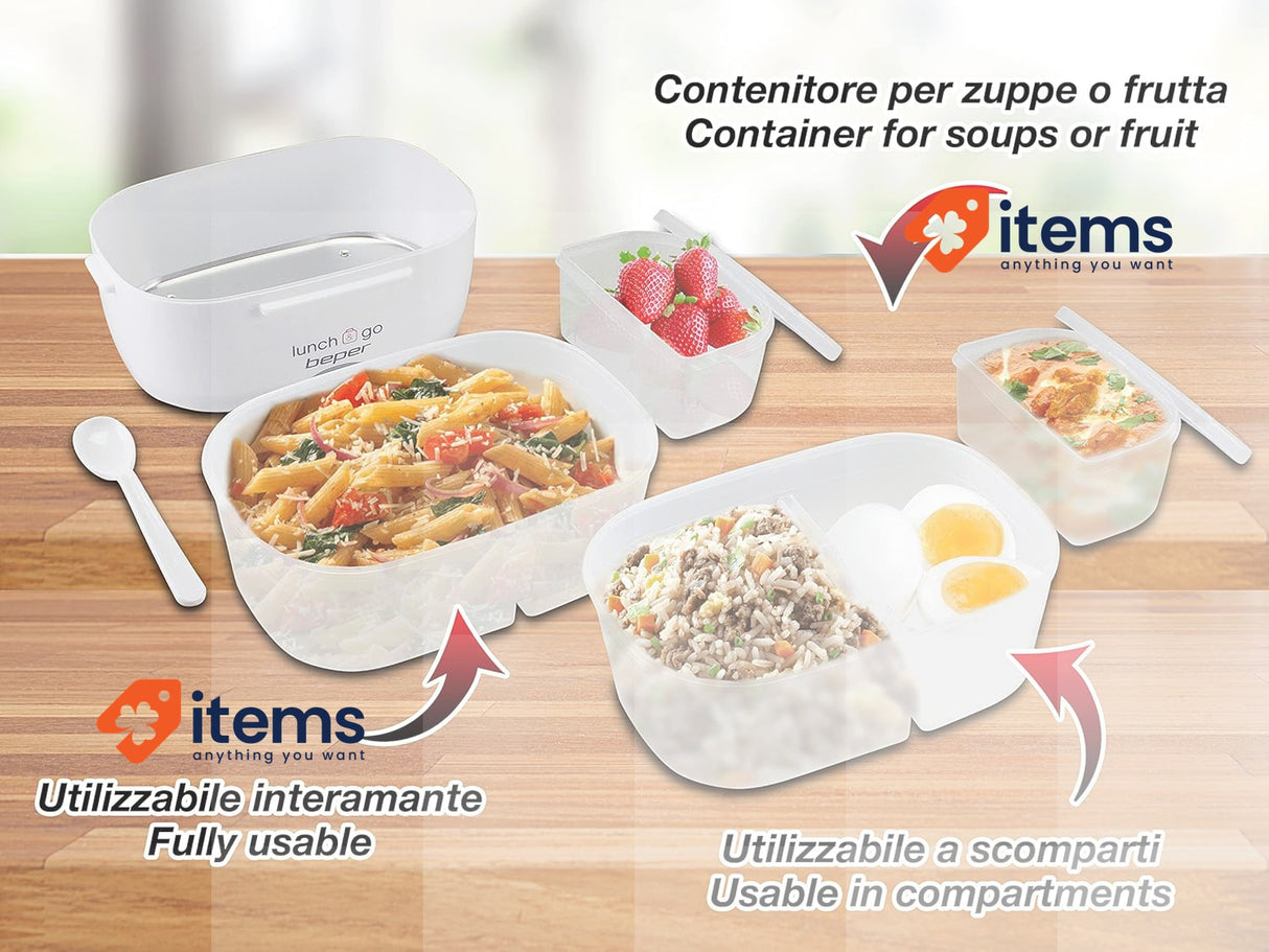 BEPER 90.920R Electric Portable Food Warmer - 2 Removable Containers, Lunchbox
