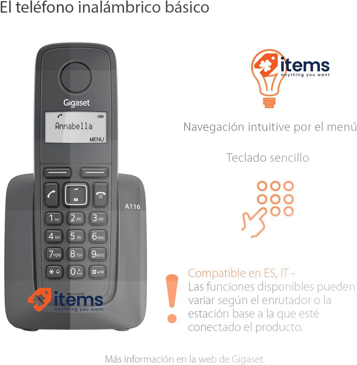 Gigaset A116 - Wireless Phone, Agenda 50 Contacts, Black French Version