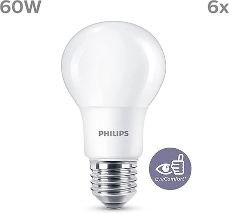 PHILIPS LED E27 Frosted Light Bulbs, 8 W (60 W) - Warm White, Pack of 6