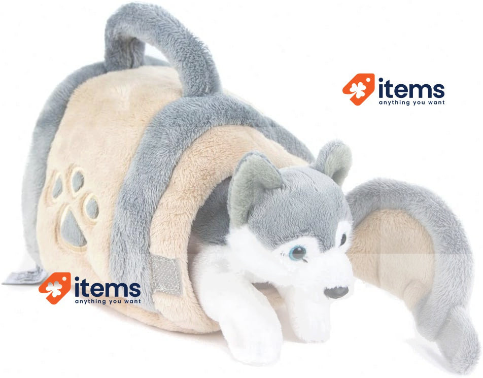 Teddys Rothenburg Cuddly Toy Husky in Dog Kennel 15 cm Grey/Beige/White Plush