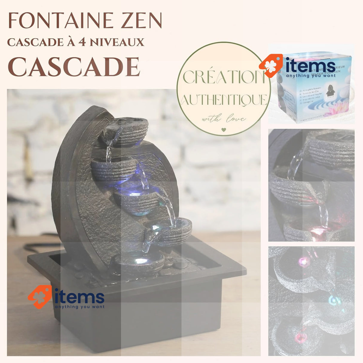 Zen'Light V2 Tier Natural Stone Effect Indoor Fountain with lLED Light Black