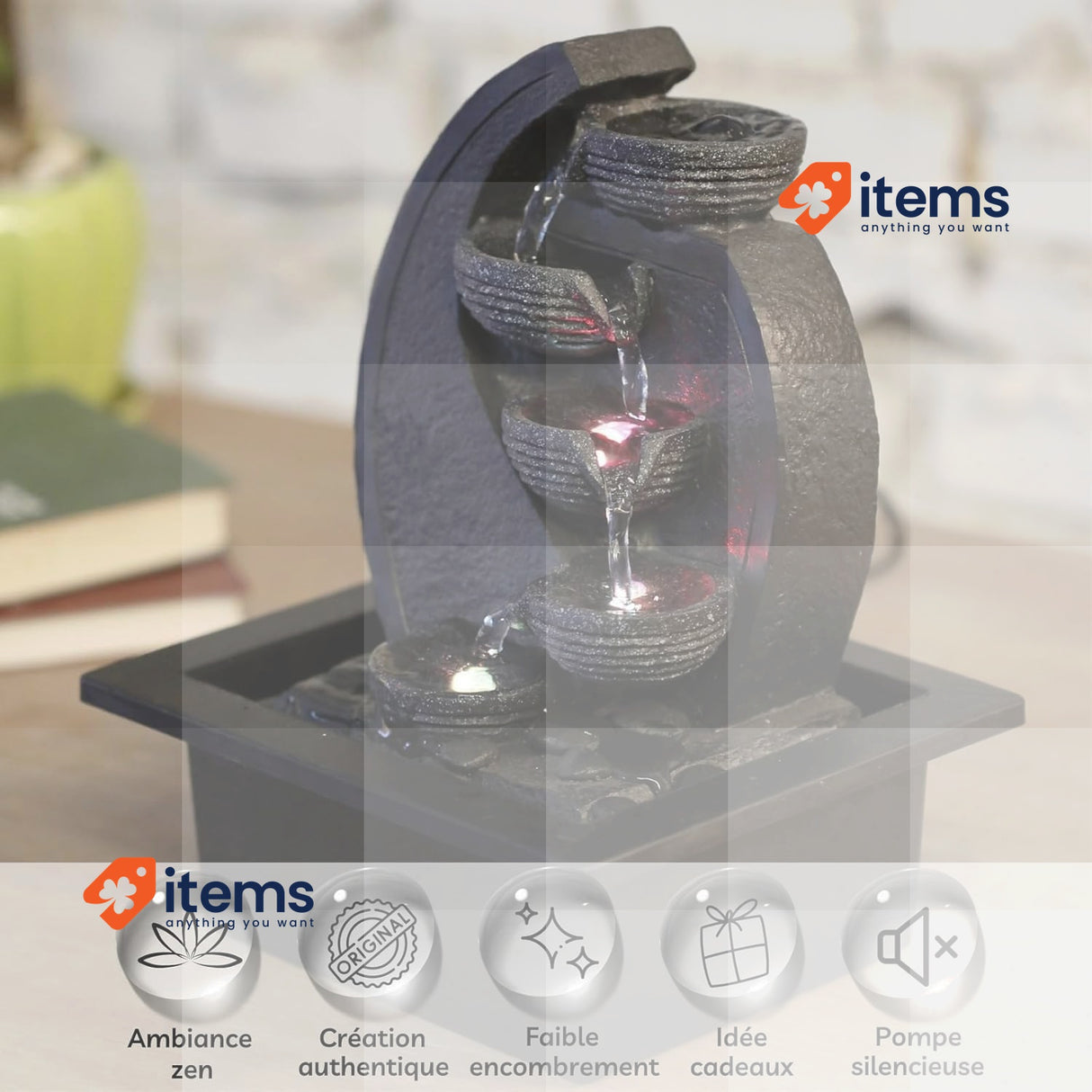 Zen'Light V2 Tier Natural Stone Effect Indoor Fountain with lLED Light Black