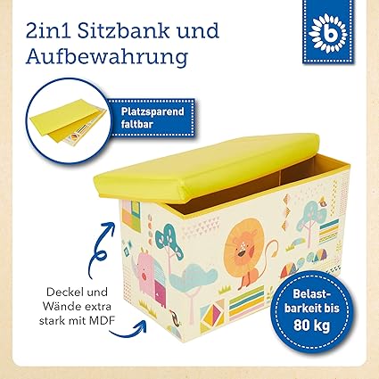 Bieco Childrens foldable storage box with cover, Toy box, Max 80kg, 60x30x35 cm