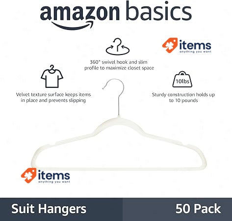 Amazon Basics Slim Velvet Non-Slip Suit Hangers - 50-Pack, Ivory/Silver