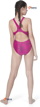 Speedo Girl's Boom Allover Swim Suit Pink Black Girls Splashback Swimsuit Size