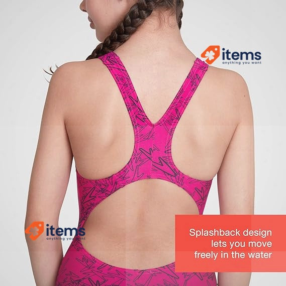 Speedo Girl's Boom Allover Swim Suit Pink Black Girls Splashback Swimsuit Size