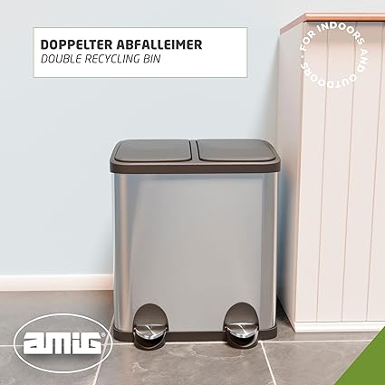 Amig - Double Recycling Bin with Pedals Silver and Black