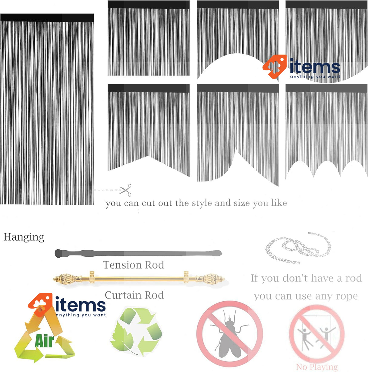Taiyuhomes String Door Curtains Fly Screen Curtain For Window Black, 90x245cm