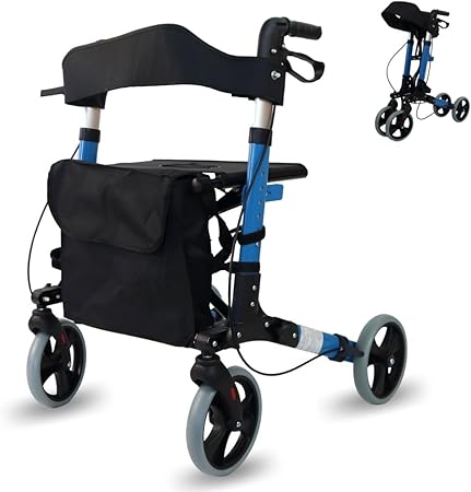 Mobiclinic®, Rollator 4 Wheel, Folding, Lightweight, with Seat and Bag Blue