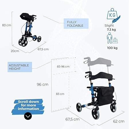 Mobiclinic®, Rollator 4 Wheel, Folding, Lightweight, with Seat and Bag Blue