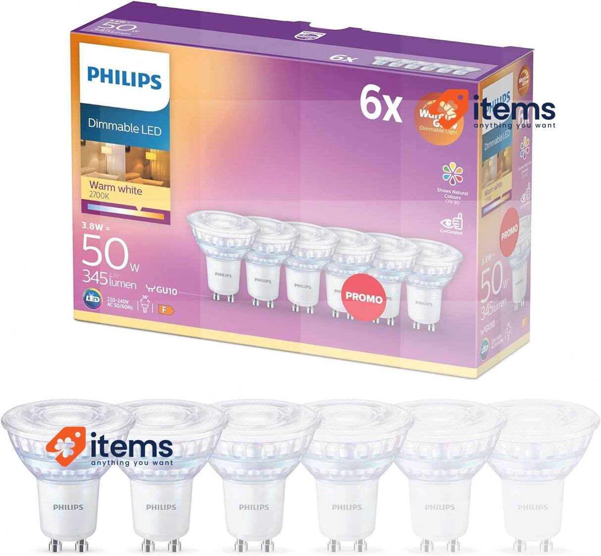 Philips WarmGlow 6 Pack Dimmable [GU10 Spot] LED Light Bulbs Warm White