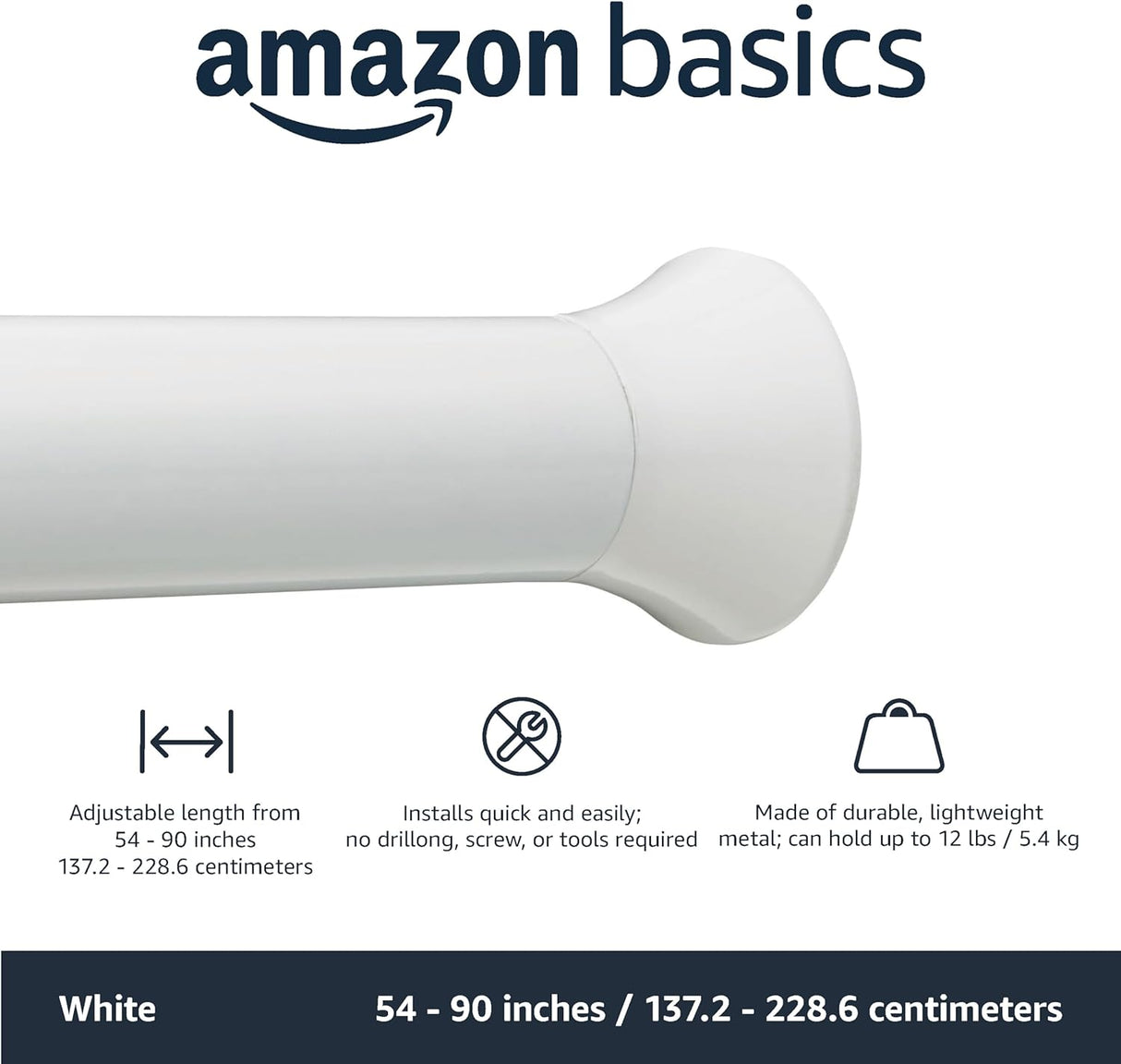 Amazon Basics Shower Curtain Tension Rod, Extendable - 137 to 229 cm, White