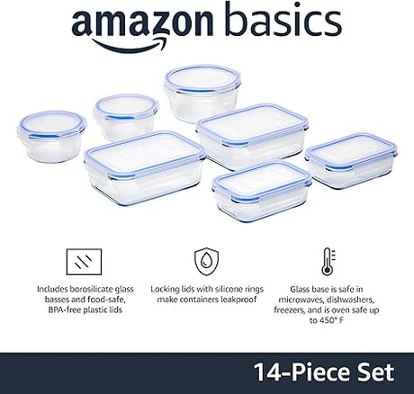 Amazon Basics Airtight Glass Food Storage Container Set, 14 Pieces