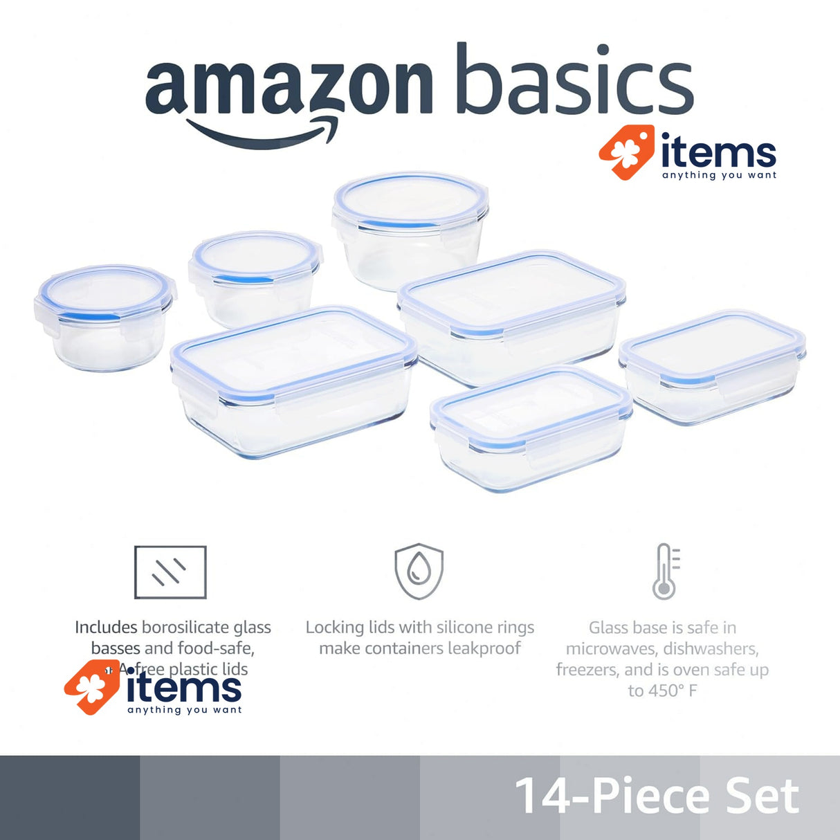 Amazon Basics Glass Food Storage Containers with Leak-Proof Lids 14-Piece Set