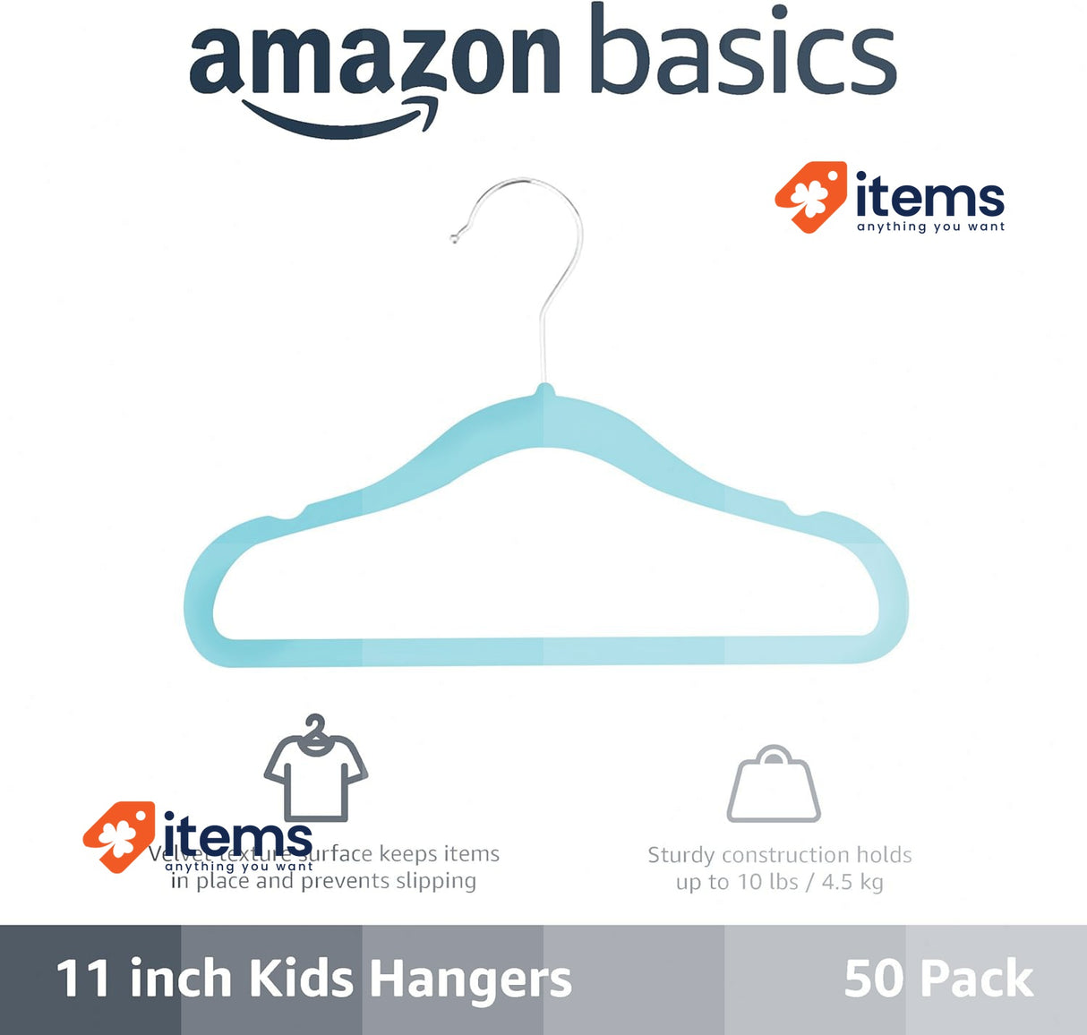 Amazon Basics Kids Velvet Cloth Hangers for Infant and Toddler Pack of 50 Blue