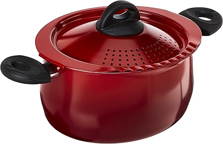 Bialetti 7550 Oval 5.5 Quart Pasta Pot with Strainer Lid, Nonstick Pepper Red