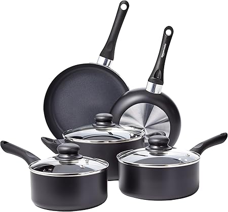 Amazon Basics 8-Piece Non-Stick Cookware Set, Black 8 Pieces