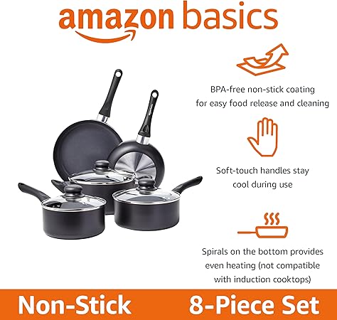 Amazon Basics 8-Piece Non-Stick Cookware Set, Black 8 Pieces