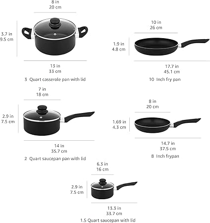 Amazon Basics 8-Piece Non-Stick Cookware Set, Black 8 Pieces