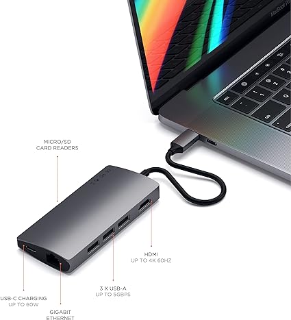 Satechi USB C Hub Multiport Adapter V2 - USB C Dongle - 4K HDMI Space Gray