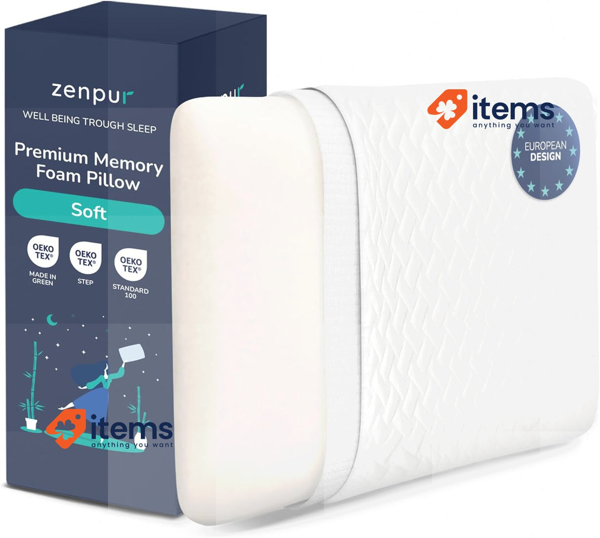 ZenPur Oreiller Cervical Souple 13cm - cushion Memory of Soft Shape 40x60