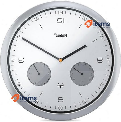 Mebus Radio Wall Clock W/ Thermometer And Hygrometer Ø26cm, Plastic, Silver
