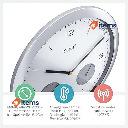 Mebus Radio Wall Clock W/ Thermometer And Hygrometer Ø26cm, Plastic, Silver