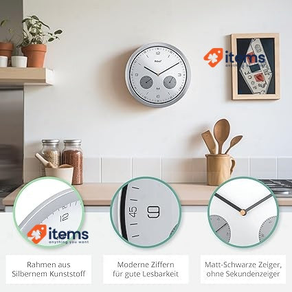 Mebus Radio Wall Clock W/ Thermometer And Hygrometer Ø26cm, Plastic, Silver