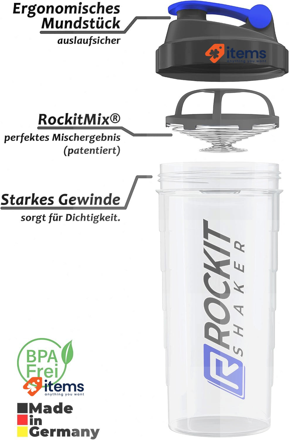 ROCKITZ 1000ml Protein Shaker & Drinking Bottle - BPA free Transparent