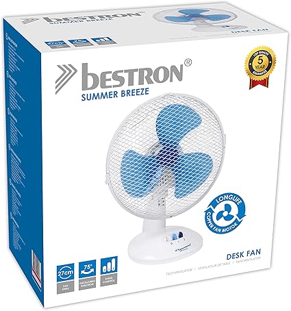 Bestron Mobile Table Fan Ø 27cm, Small Fan 2 Speed levels & 75° White