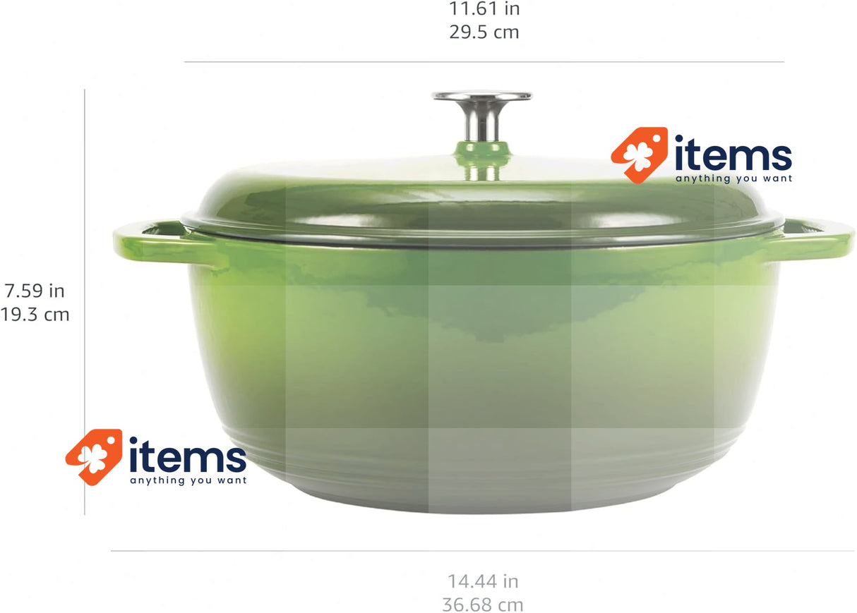 Enameled Cast Iron Round Dutch Oven with Lid and Dual Handles  6.9 L, Green