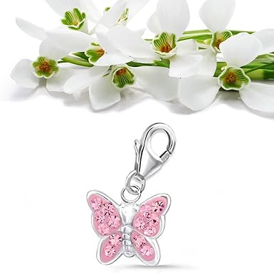 For Dich Pink Crystal Butterfly Charm Pendant 925 Real Silver Cubic Zirconia