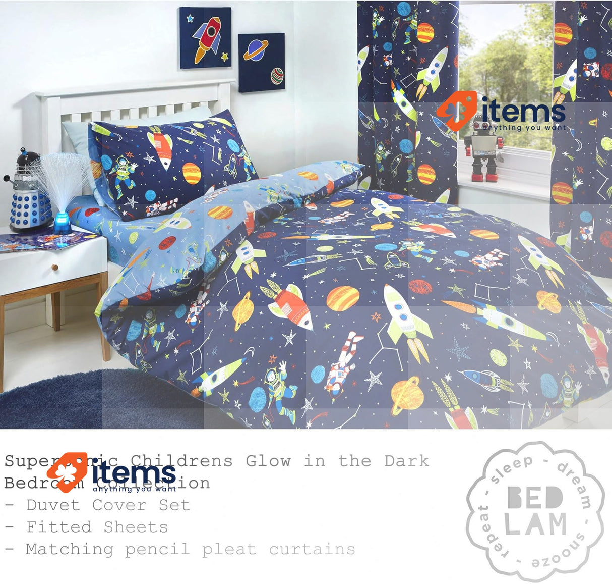 Bedlam - Supersonic Glow In The Dark Duvet Cover Set, Junior Bed Size Blue