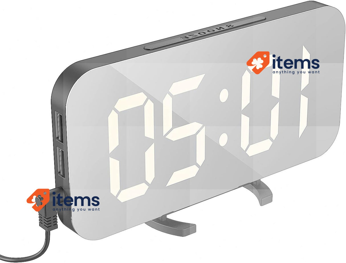 Mirrored LED Alarm Clock w/Large Screen, Portable 12 / 24H display with USB port