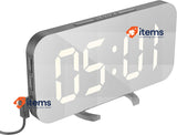Mirrored LED Alarm Clock w/Large Screen, Portable 12 / 24H display with USB port