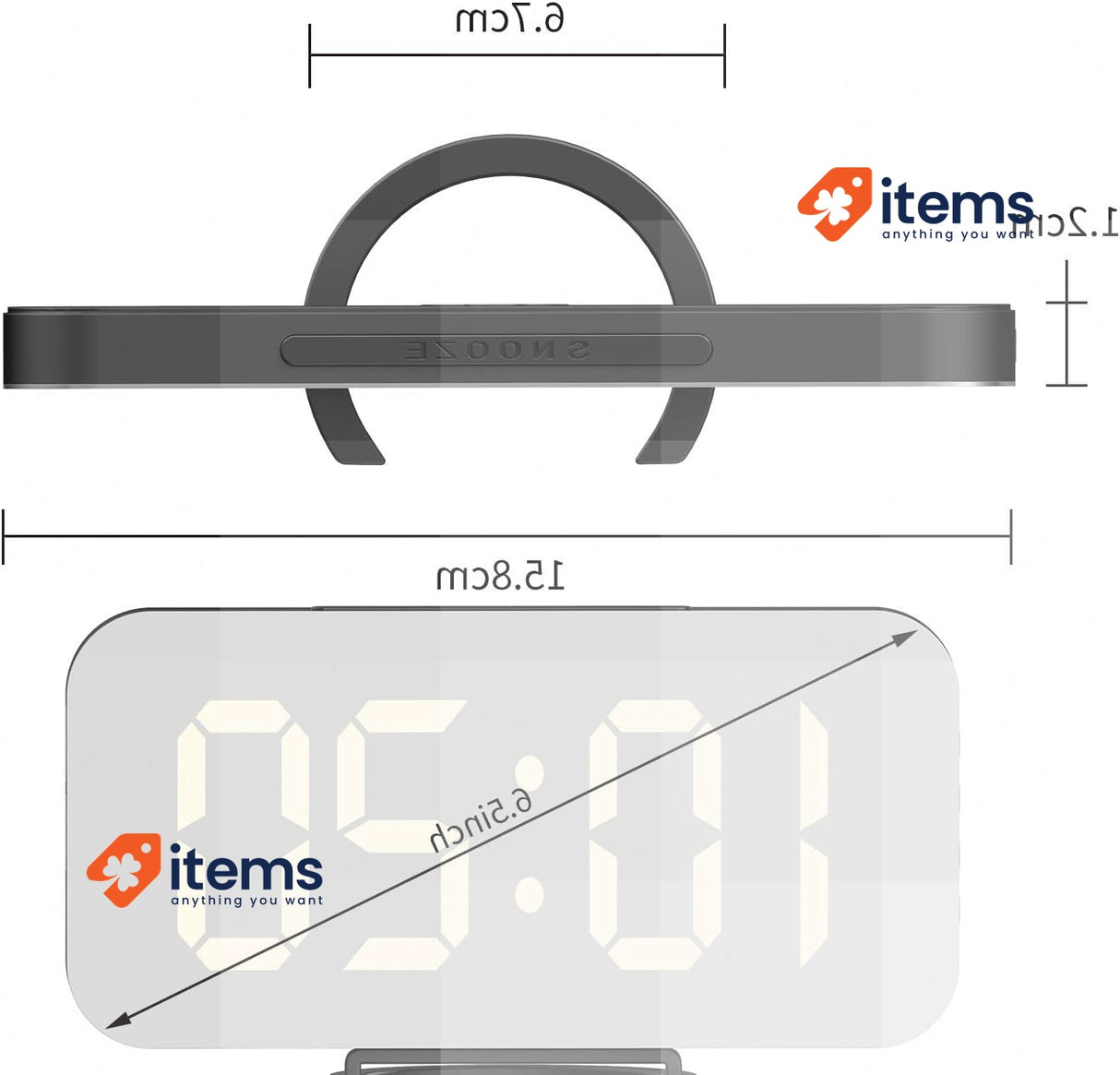 Mirrored LED Alarm Clock w/Large Screen, Portable 12 / 24H display with USB port