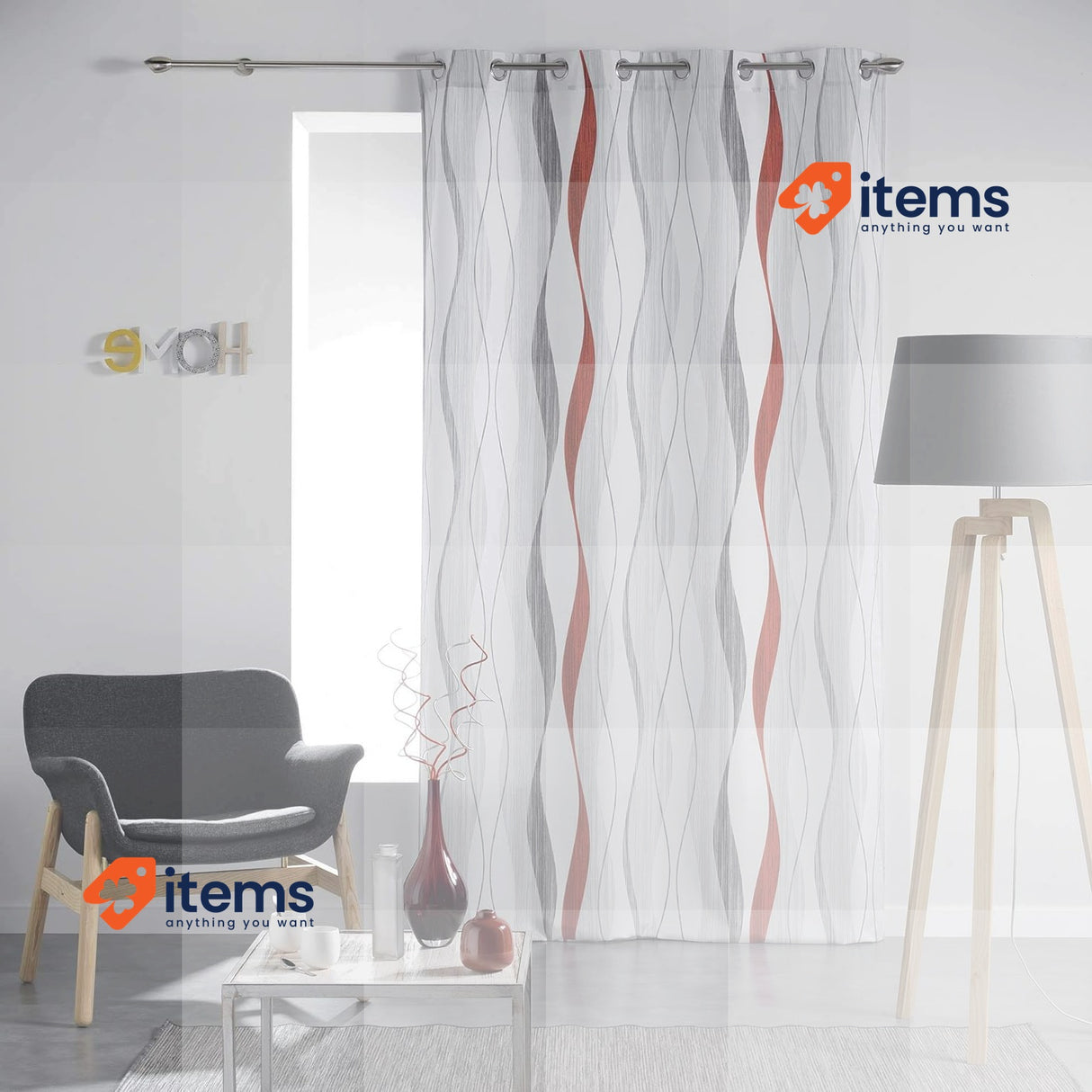 Douceur d Intérieur Eyelet Curtain (140 x 260 cm) Ondulys Printed Polyester Red
