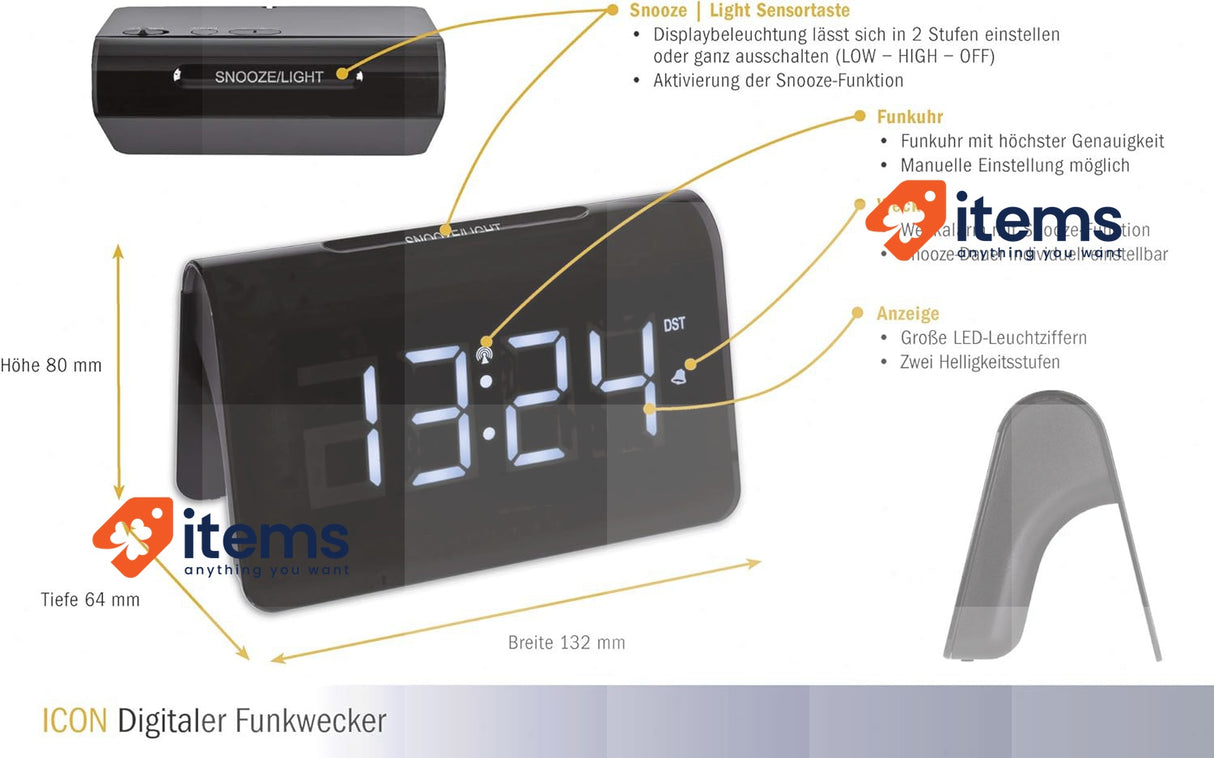 TFA Dostmann Radio Controlled Digital Alarm Clock, 60.2543.02, Black L H Mm Icon