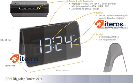 TFA Dostmann Radio Controlled Digital Alarm Clock, 60.2543.02, Black L H Mm Icon