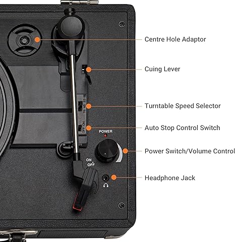 ByronStatics Vinyl Turntable Rotation Speed of 33/45/78 RPM Vintage Case Black